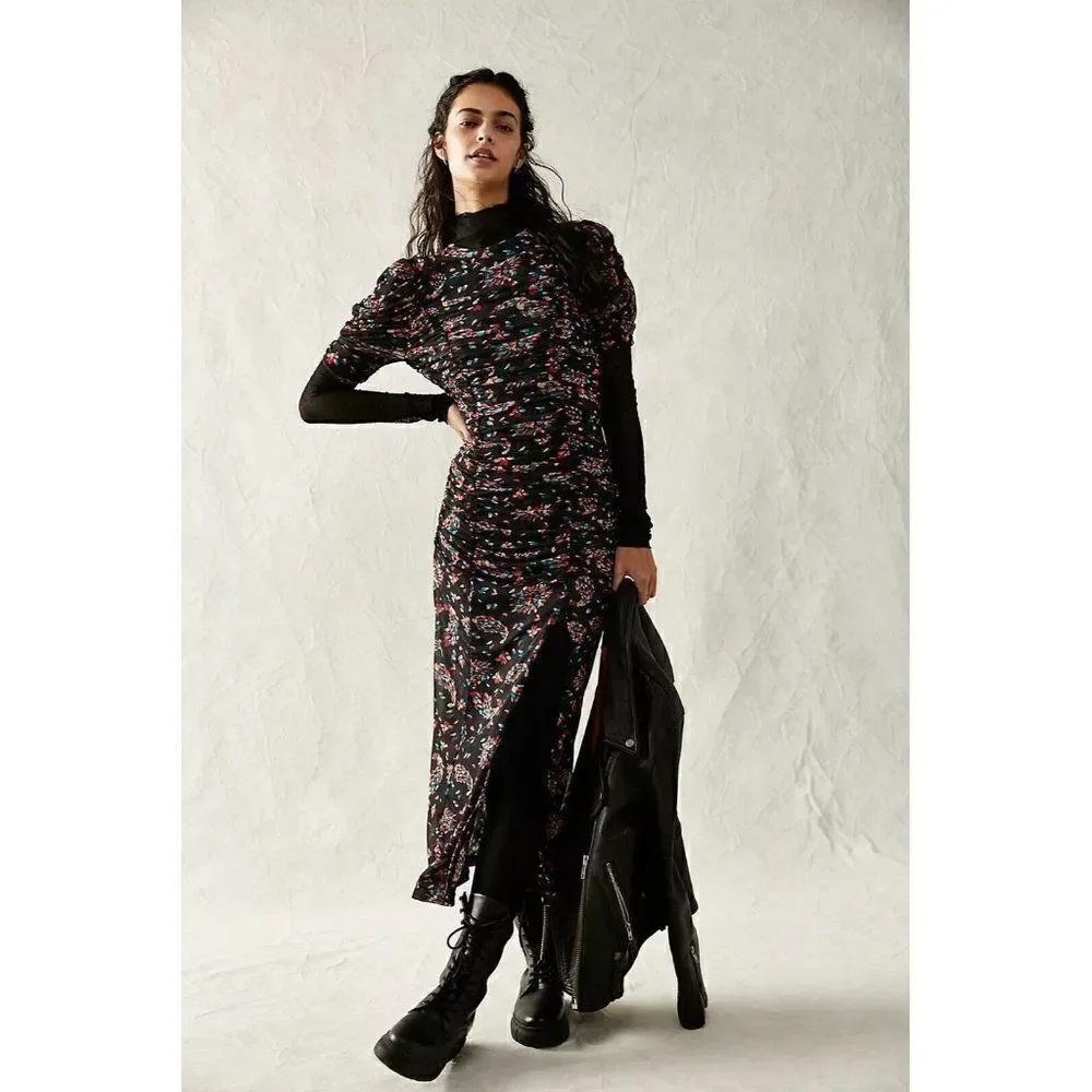 NWT FREE PEOPLE Sz M BRIELLA MIDI DRESS RUCHED PRINTED SHIRRED DRESS TWILIGHT